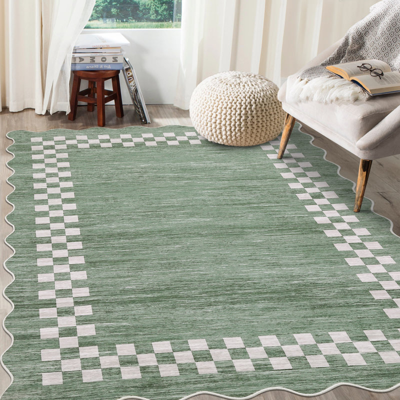 Scalloped Area Rugs Modern Bordered Accent Carpet,Non-Slip Floor Cover,Stain-Resistant Indoor Mat for Bedroom,Kitchen,Living Room