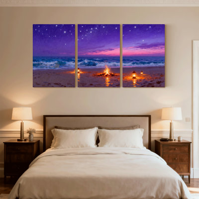 Plage, ciel étoilé, océan, vagues, plage, lanternes de feu, ensemble de 3 impressions sur toile