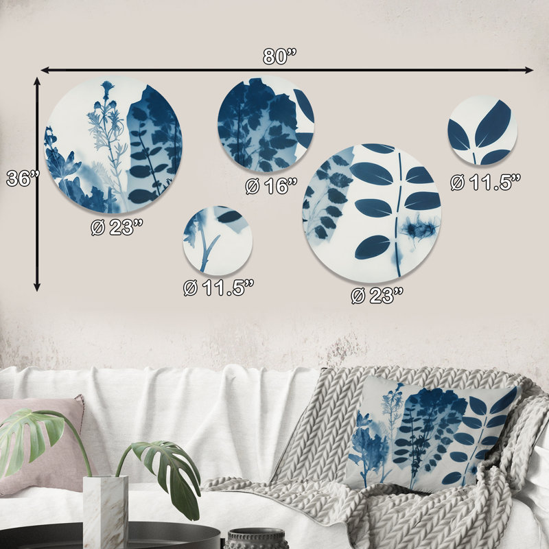 Ensemble de 5 décorations murales rétro 5 fleurs sauvages dans les tons de bleu VII