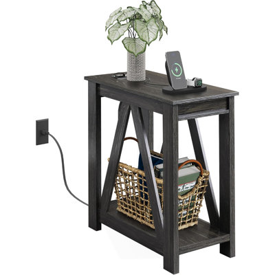 Narrow End Table With Charging Station And Storage Shelf,Farmhouse Slim Sofa Side Table With 2 USB Ports And 2 Power Outlets by Gracie Oaks