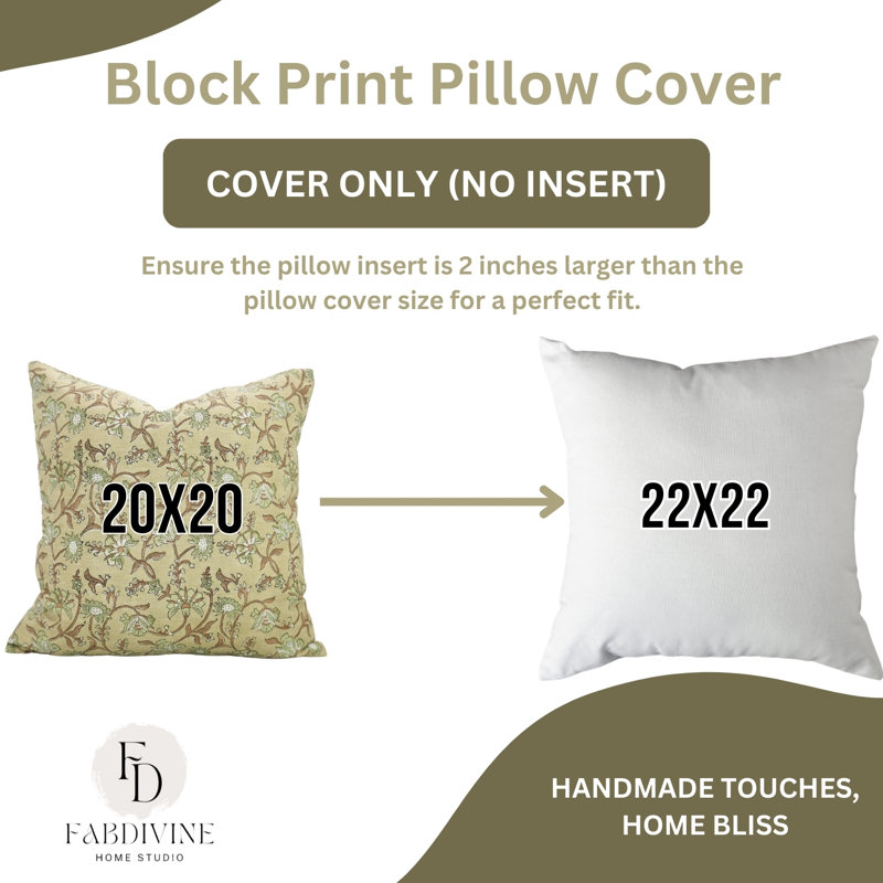 Housse de coussin en lin fabriquée à la main Fabividine Nayab, H 24 po x l 24 po, Floral vert clair, Carré