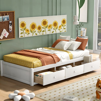 Lit simple blanc avec structure en bois massif et 3 tiroirs - Compartiments à tiroirs avec plateforme fonctionnelle pour une chambre à coucher soignée
