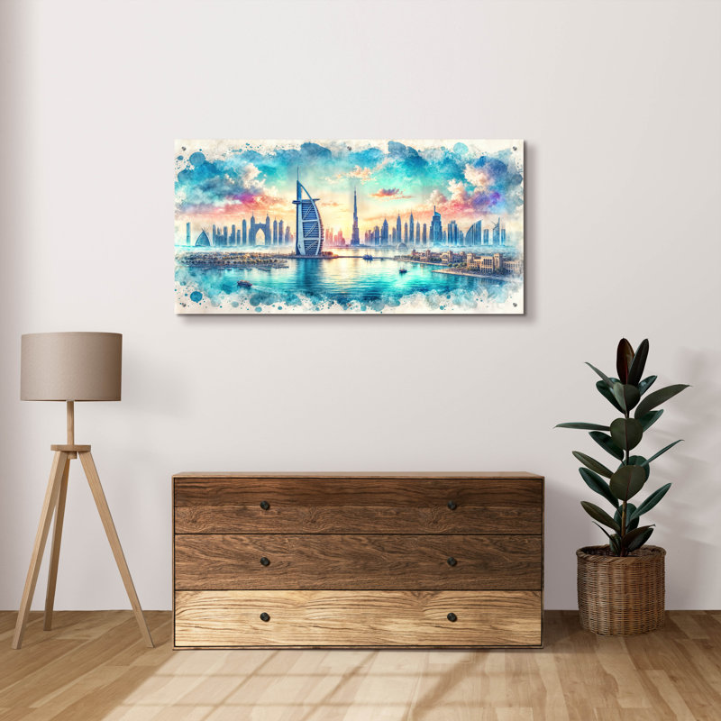  Art mural en verre acrylique «Dubaï Watercolor» par Rey Klimt, H 24 po x l 48 po