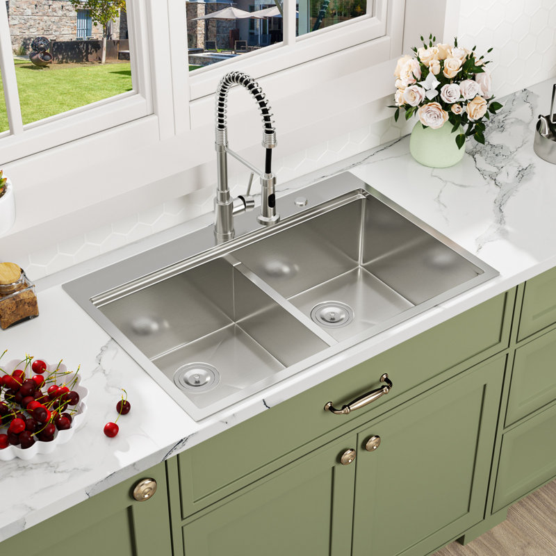 33"L x 22"W Drop In Workstation Kitchen Sink 16 Gauge Stainless Steel Topmount Double Bowl(50/50) Kitchen Sink, 33"L x 22"W