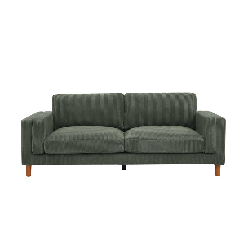 Corduroy Upholstered Square Arm Sofa With Wooden Legs, Dark Green