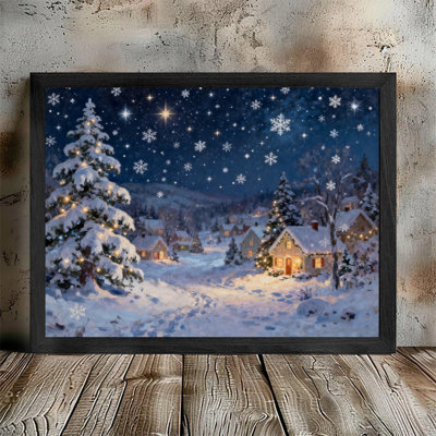 Black Framed Whimsical Christmas Village Wall Art - Cozy Snowy Night Winter Scene Decor Framed Prints
