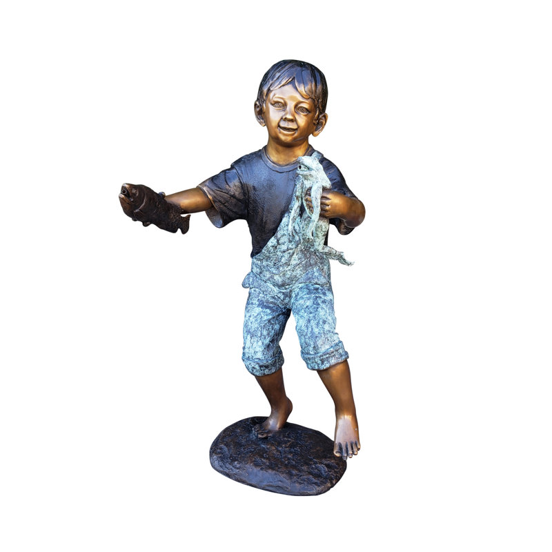 Playful Young Boy with Fish and Frog Bronze Statue Fountain  19" x 16" x 32"H