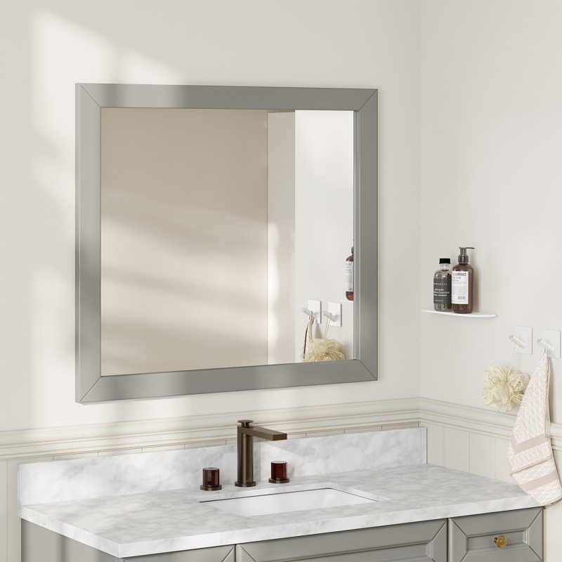 Miroir mural mural en bois massif, miroir droit de salle de bain de 5 mm,, Gris, 34 po x 36 po