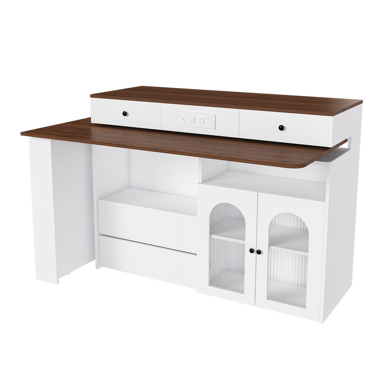 Kitchen Island with Extendable & Rotating Table, MDF with Walnut Veneer Retro Design, 4 Drawers & Glass Door Cabinets with Built-in Socket, Expandable Dining Station for 2-4 Person