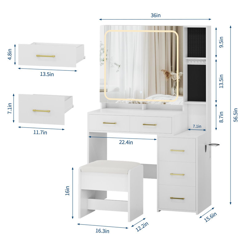 Ensemble de coiffeuse à maquillage blanc avec miroir et lumières Tabouret à cinq tiroirs Prise de courant en trois modes d'éclairage à luminosité réglable