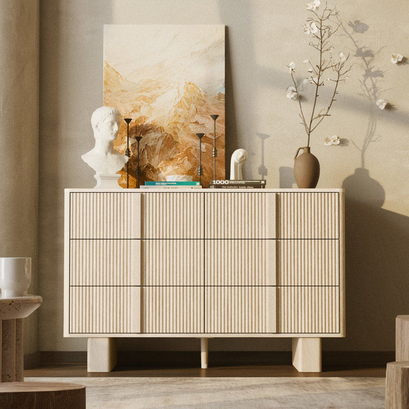 Fluted 6 Drawer Dresser, 47” Wide Modern Chest with Faux Marble Top, Wood Storage Cabinet for Bedroom, Living Room, Hallway, Closet