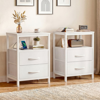 Table de chevet Carlisa avec station de recharge et 2 tiroirs en tissu, table de chevet avec ports USB et prises électriques, table d'appoint avec tablette ouverte