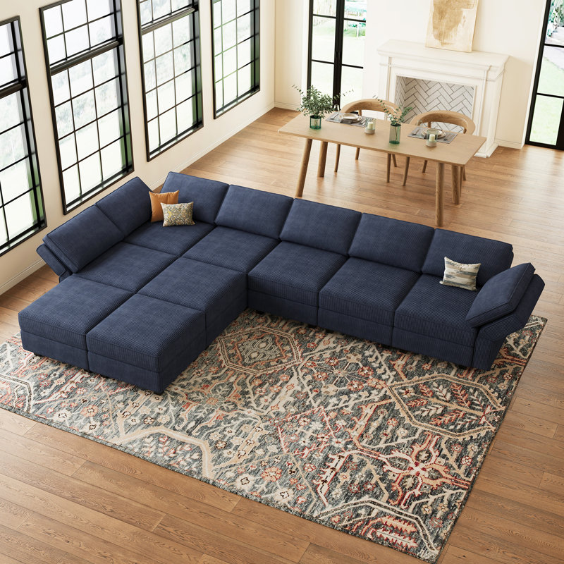 Canapé modulaire en velours réversible 9 pièces avec rangement Wylodene, Velours côtelé beige