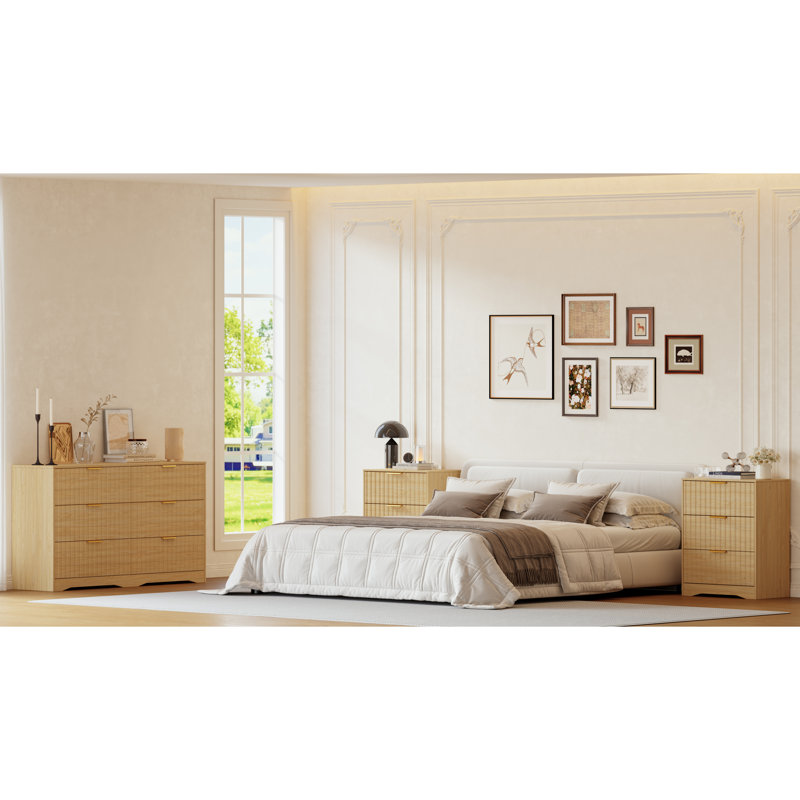 Ensemble de chambre à coucher 3 pièces avec commode à 6 tiroirs et ensemble de 2 tables de chevet, Beige