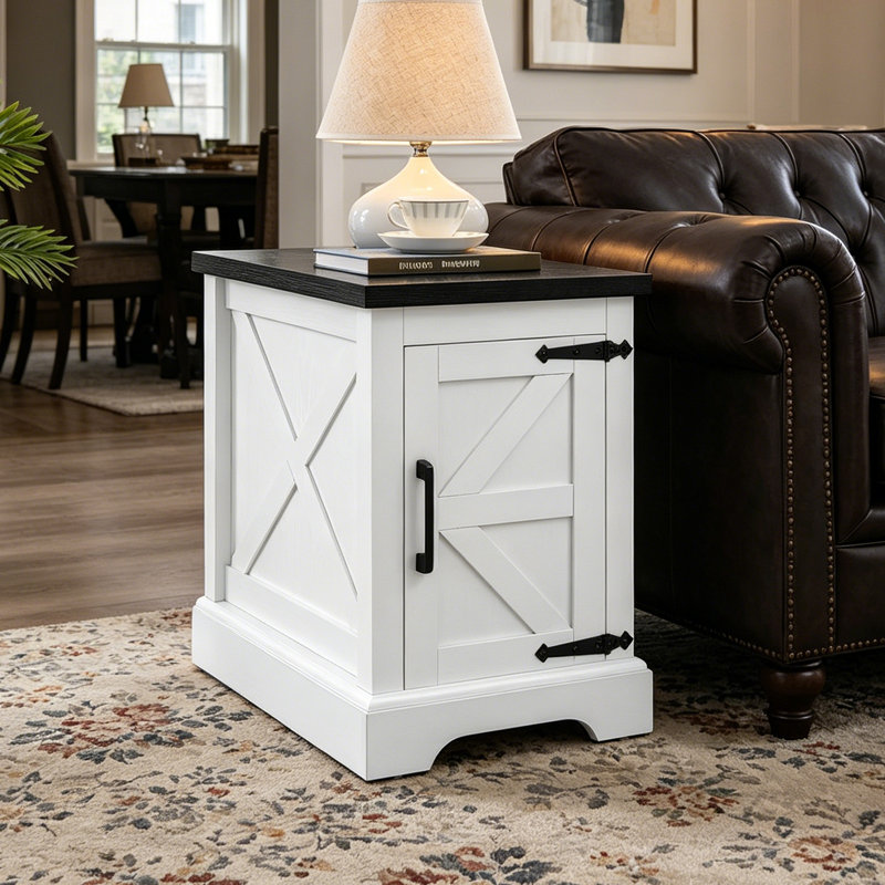 24" Farmhouse Barn Door End Table, Rustic Rectangular Sofa Side Table with Adjustable Storage Shelf, Modern Nightstand for Living Room, Bedroom, White