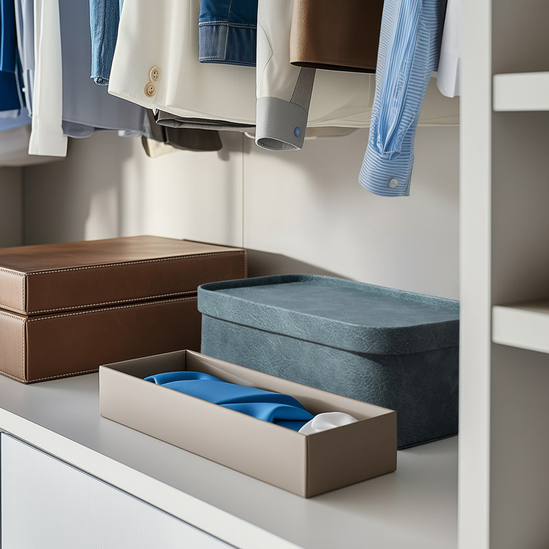 Corrugated Paper Rectangular Storage Box With Vegan Leather Lid Set 3, Gray-blue