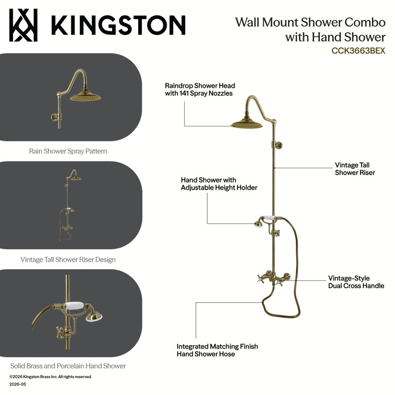 Kingston Brass Essx Wall Mount Rain Drop Shower System with Hand Shower, Antique Brass