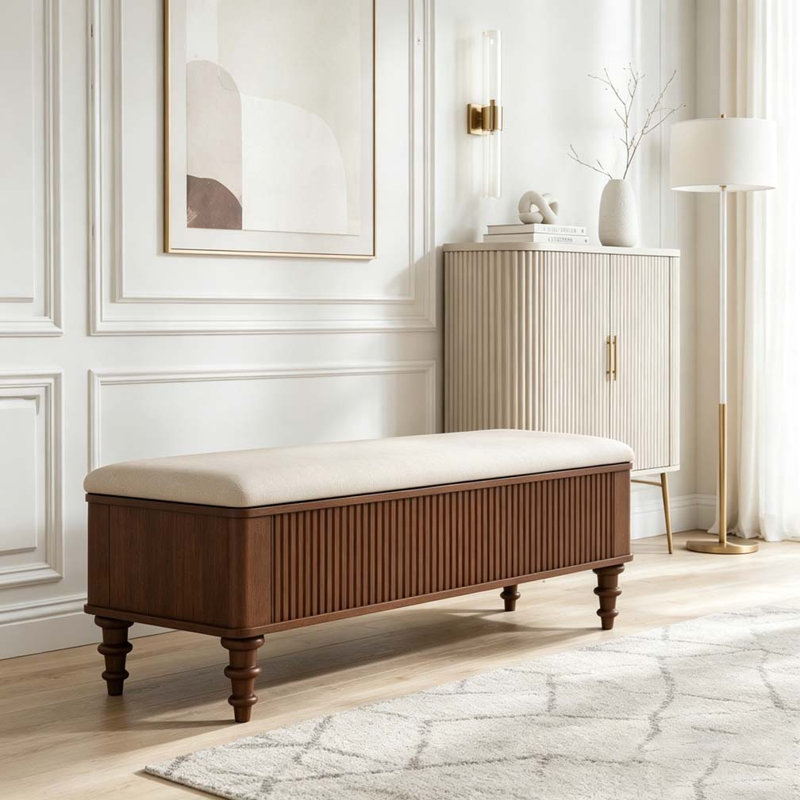 Banc de rangement avec repose-pieds en bois d'hévéa massif de 50,8 pouces avec siège en lin, Walnut