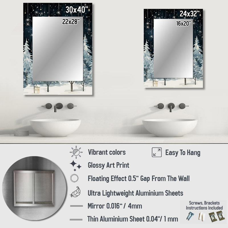 Hiver, pin, nuit étoilée, ciel I - miroir en pin, miroir mural décoratif traditionnel, impression sur métal, 32 po x 24 po