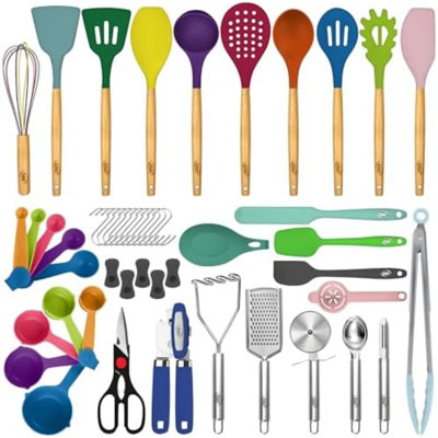 Ensemble de 50 ustensiles de cuisine en silicone – Ensemble complet pour la cuisine – Résistant à la chaleur jusqu'à 427 °C (800 °F), antiadhésif, avec manches en bois – Ouvre-boîte, presse-purée, spatule, etc.