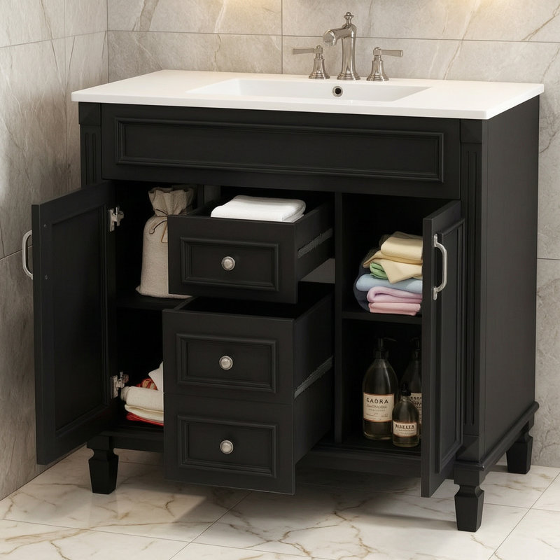 Meuble-lavabo simple avec lavabo en céramique, Noir