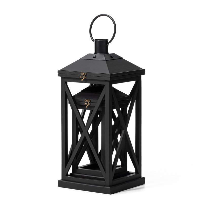 Wood and Metal Indoor and Outdoor Tabletop Lanterns (Set of 2), Black