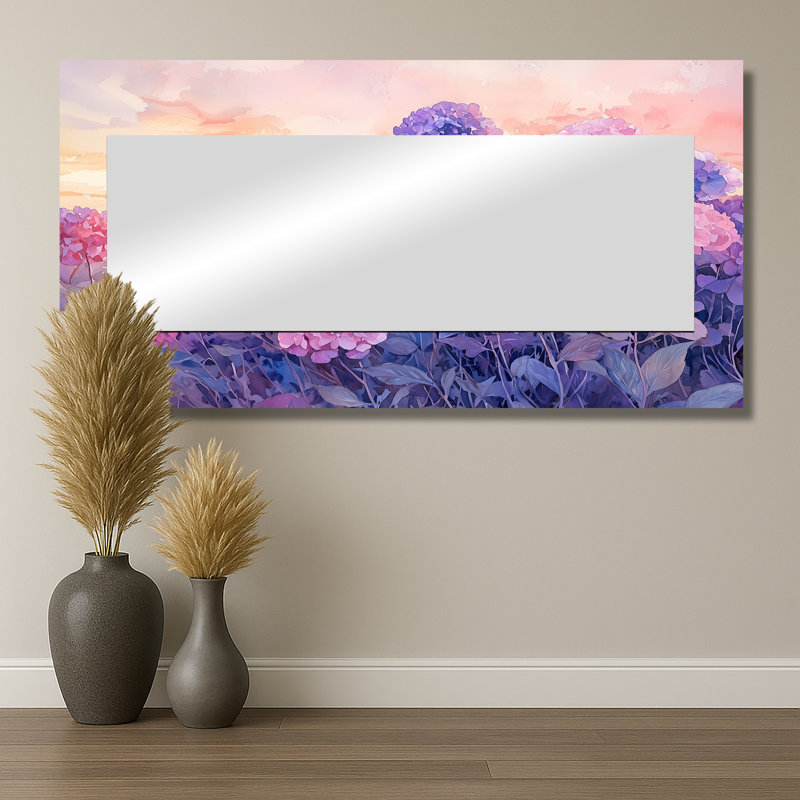 Hydrangea Field At Dusk II - Floral Accent Wall Mirror - Printed On Metal, 28" x 55"