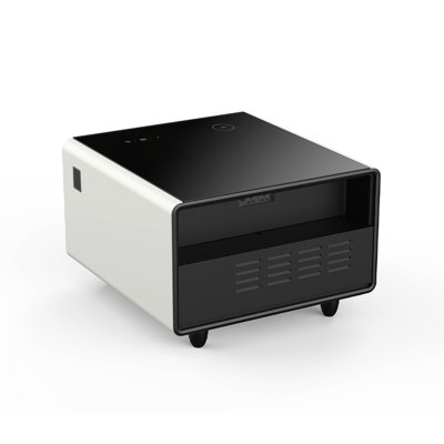 Modern Smart Side Table In White Color, With Built - Fridge, Wireless Charging, And Power Socket. Cooling Drawer Adjustable Temperature Stores Beverages Fruits. High Efficiency Compressor For Quiet