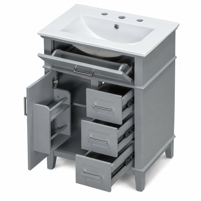 Single Bathroom Vanity with Ceramic Top, Grey