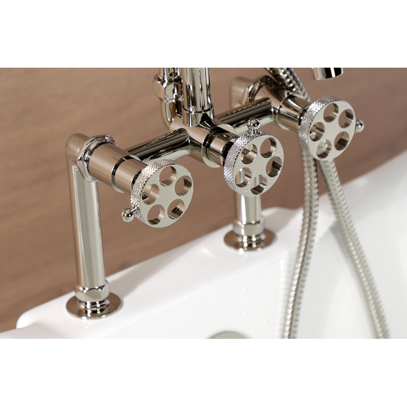 Kingston Brass Webb Three-Handle 2-Hole Deck Mount Clawfoot Tub Faucet with Knurled Handle and Hand Shower, Gray