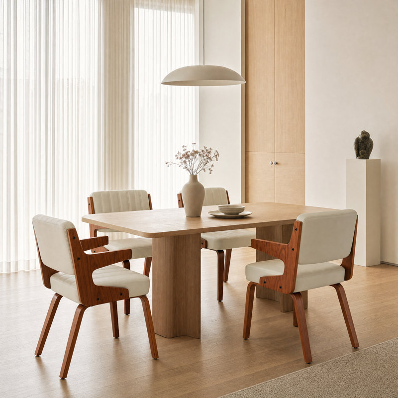 Mid-Century Modern Faux Leather Upholstered Dining Arm Chairs Set of 4, Wood Frame Side Chairs for Dining Room, Kitchen and Living Room