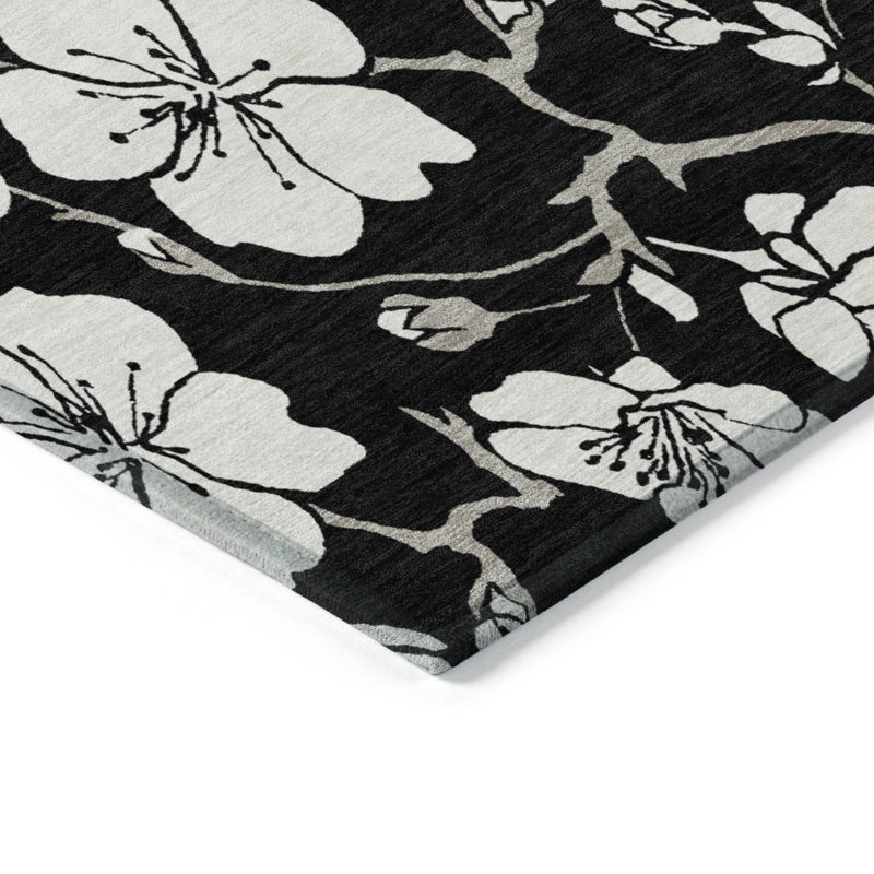 Black Floral Synthetic Rectangular Washable Rug 2'6" x 3'10"