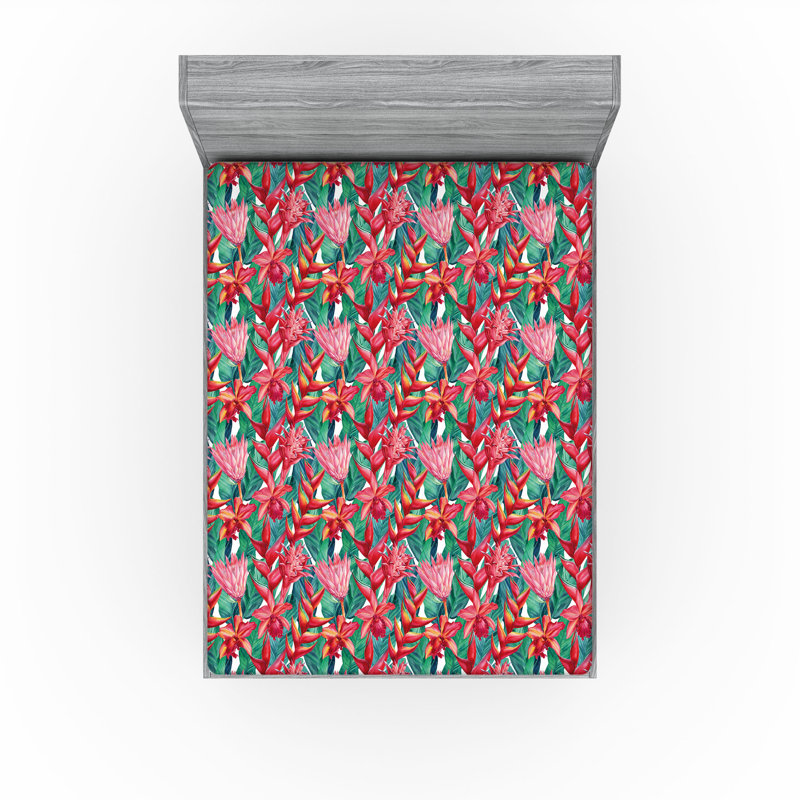 Ambesonne Nature Fitted Sheet Leaves Botanical Style Art, Full Fitted Sheet, Dark Coral/Green Floral