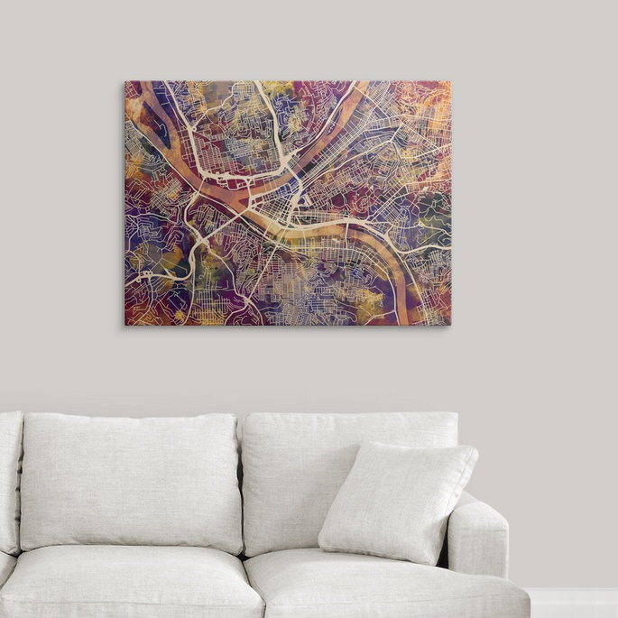 «Pittsburgh Pennsylvania Street Map» par Bellen, impression, H 36 po x l 48 po x P 1,5 po, Toile