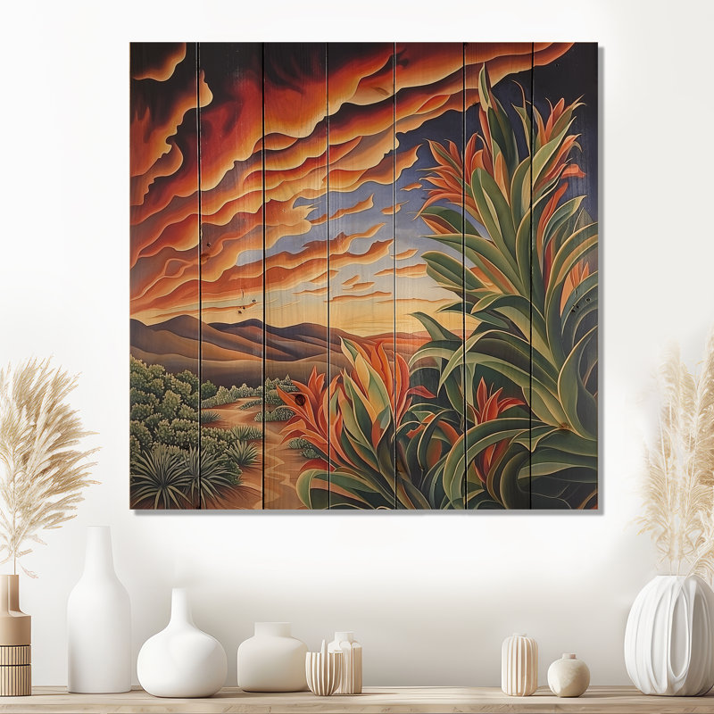 Cactus mexicain, paysage II - Art mural traditionnel sur bois de pin naturel, H 25 po x l 25 po