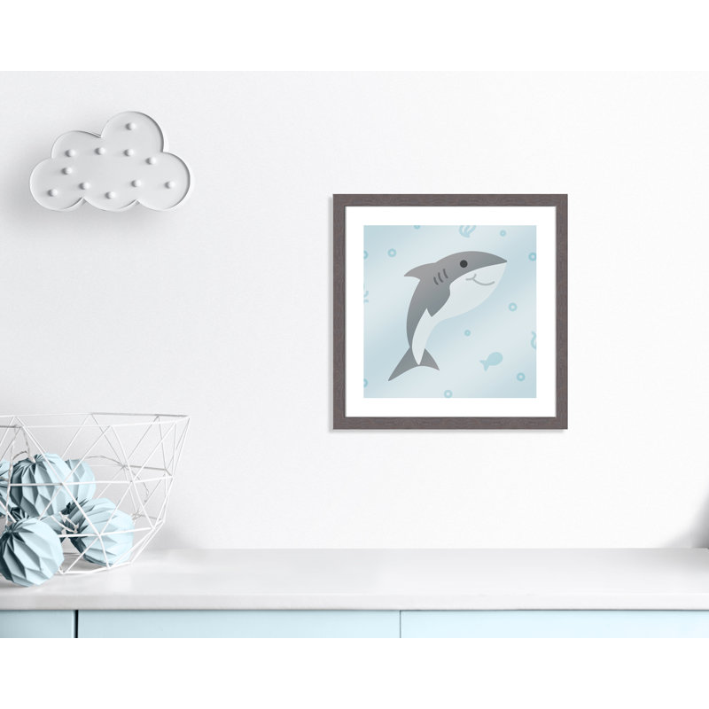 «Happy Shark», impression sur papier, H 16 po x l 16 po x P 0,6 po, Encadré plat à grain de bois gris