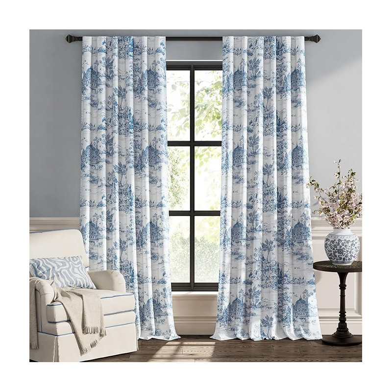 French Printed Castle French Printed Castle Toile Curtains, Blue, 50" W x 96" L