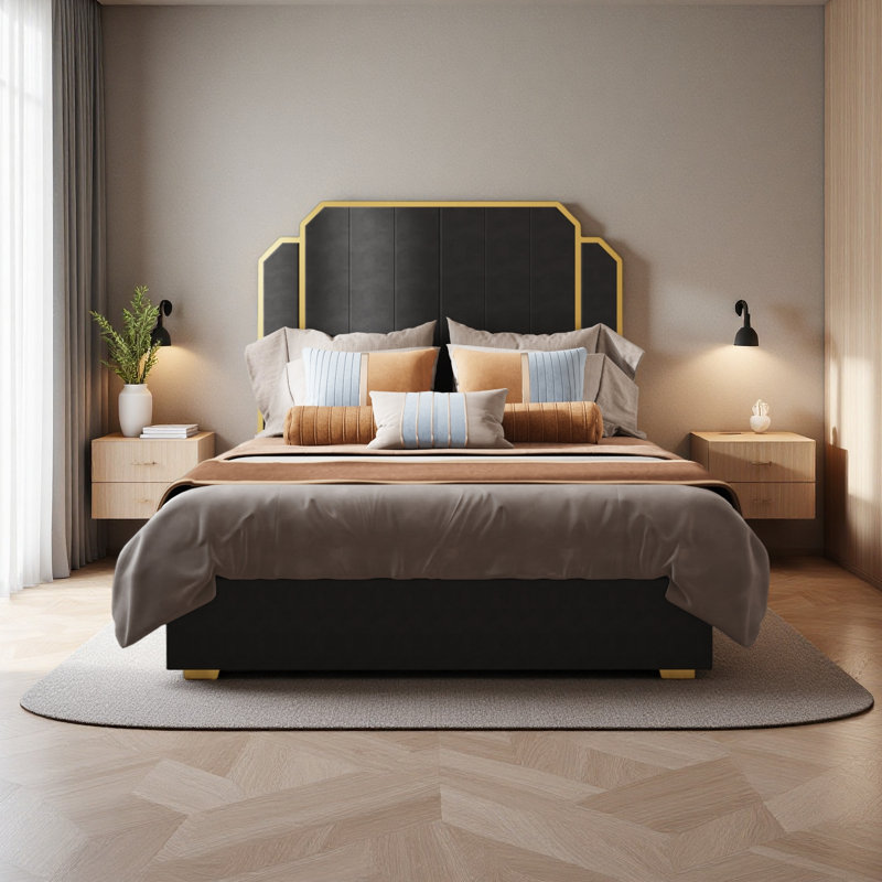 Queen Size Bed Frame And 59.06" Headboard, Upholstered Bed With Golden Plating Trim, Modern Platform Bed No Box Spring Needed