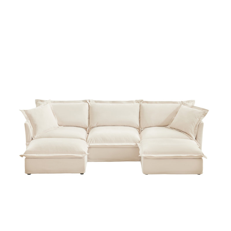 Canapé modulaire en U à housse avec siège profond et bordure française - Canapé nuage en chenille crème pour le salon (8 pièces incluses)