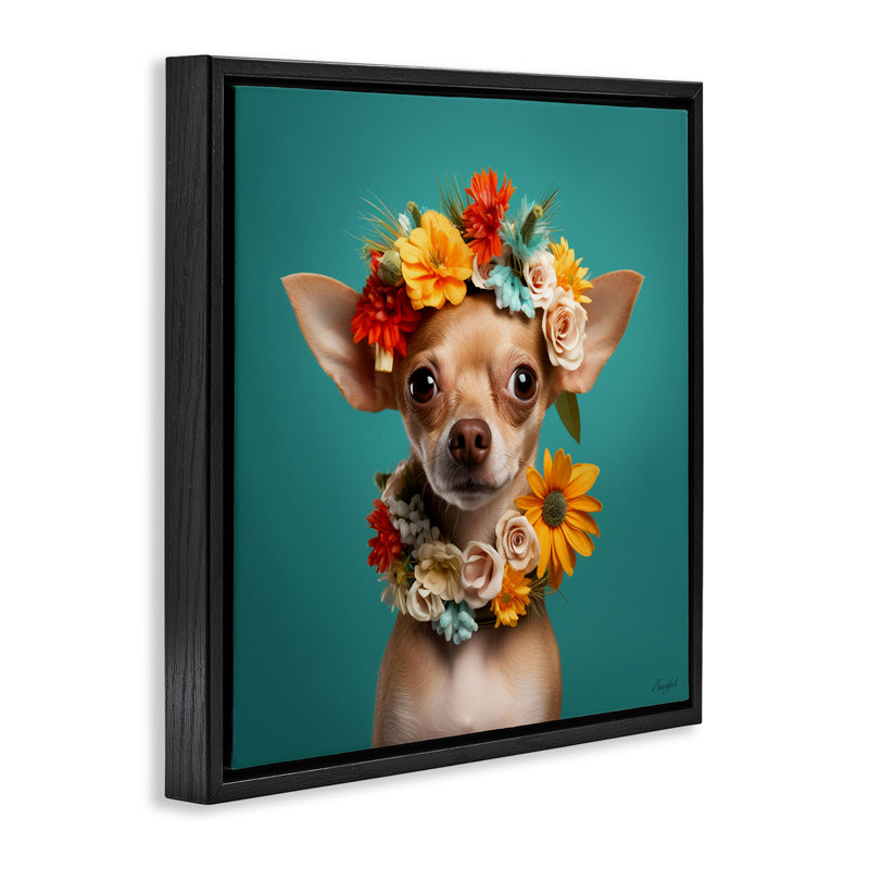 Portrait floral de chihuahua, Cadre flottant noir de jais, 25" H x 25" W