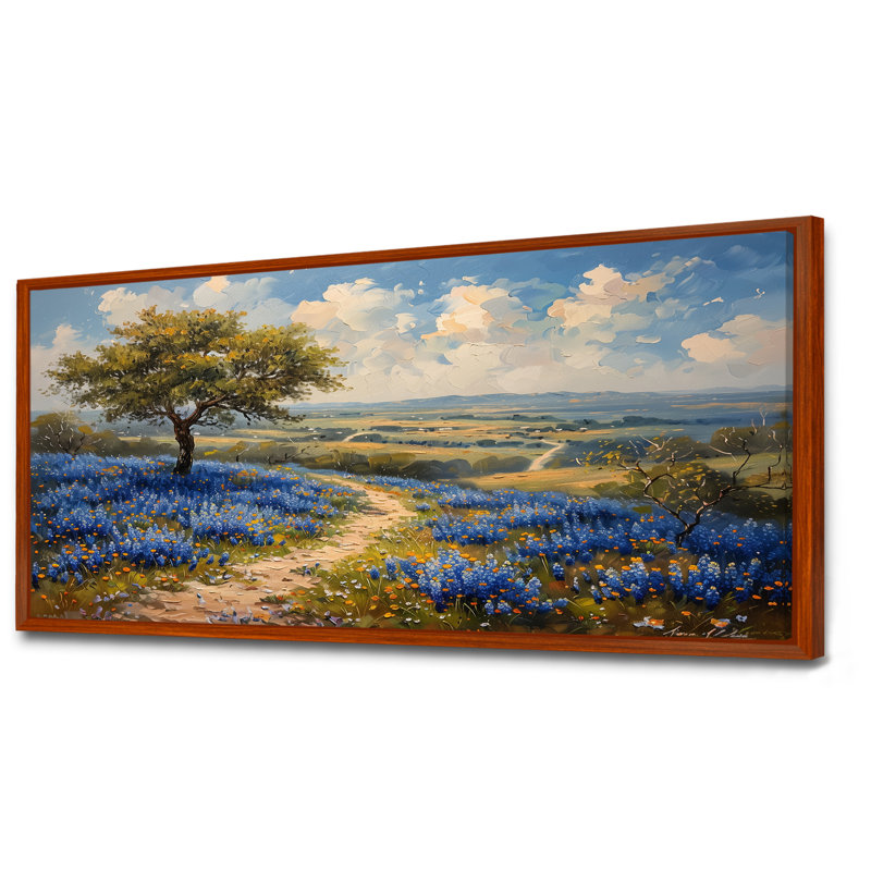 Chasteen - Blue Bonnets, art mural, Toile avec cadre flottant brun, H 28 po x l 60 po x P 1,5 po
