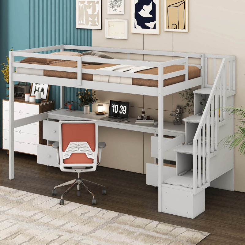 Jaxsten Twin Size Loft Bed Frame with Built-in Desk and Double Storage Drawers, White
