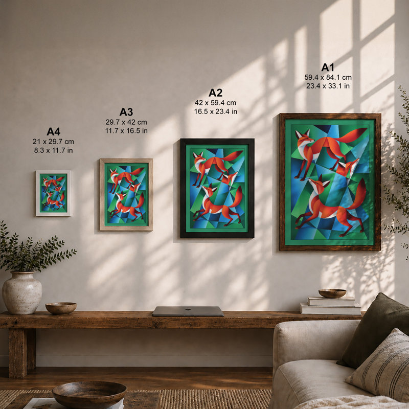 Interlocking Horses Geometric - Framed Print, A2 - 59.4 x 42.0 cm, Black