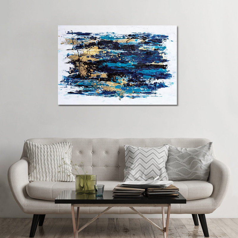 Blue Tide par Nikki Chauhan-impression d’art graphique, H 32 po x l 48 po x 1,5 po, Toile tendue, Pas de tapis