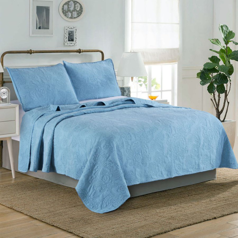 Modern & Contemporary Cotton Quilt, King Quilt + 2 King Shams, Light Blue