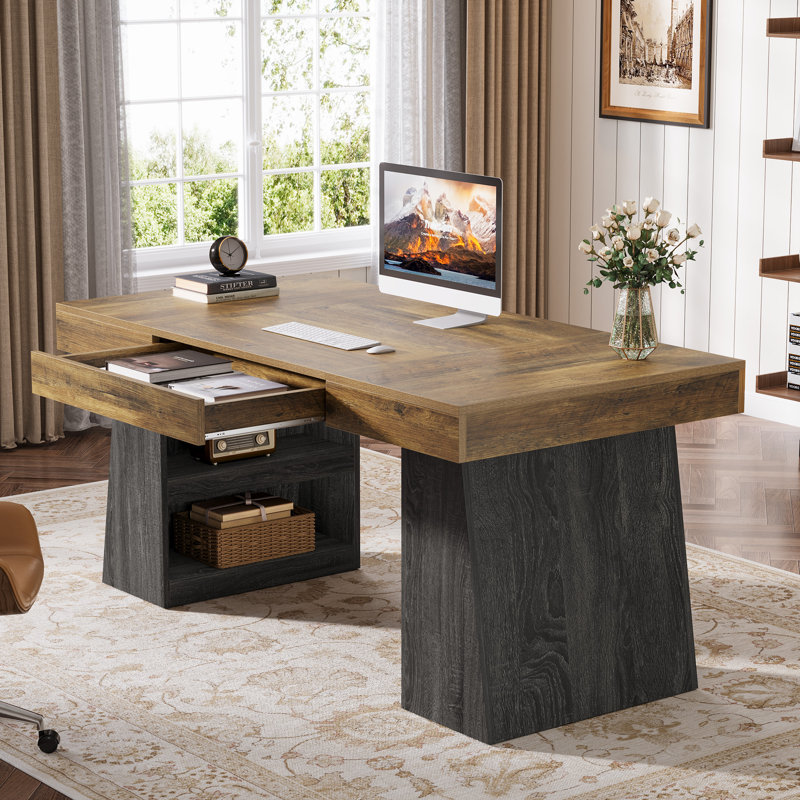 Bureau d'ordinateur de 55 po avec tablettes de rangement et tiroir, grand bureau à domicile en bois avec double base trapézoïdale