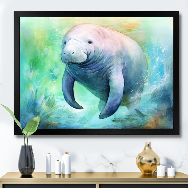 Gentle Manatee I - Art mural lamantin, H 12 po x l 20 po x P 1 po, Cadre simple noir