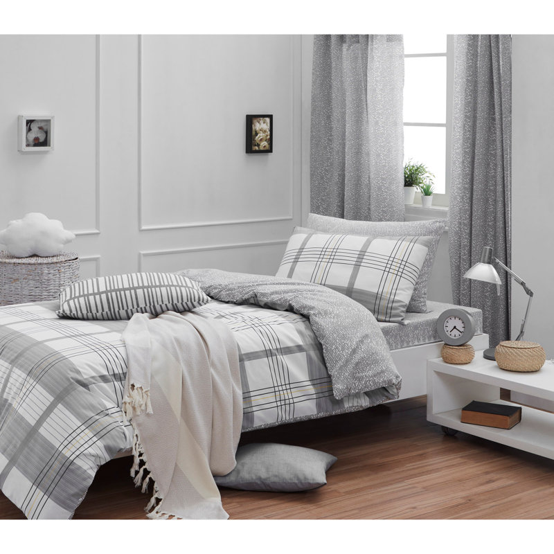 Ensemble de housse de couette 100% coton gris / blanc Ilford, Housse de couette 61 po x 87 po + 1 taie d'oreille