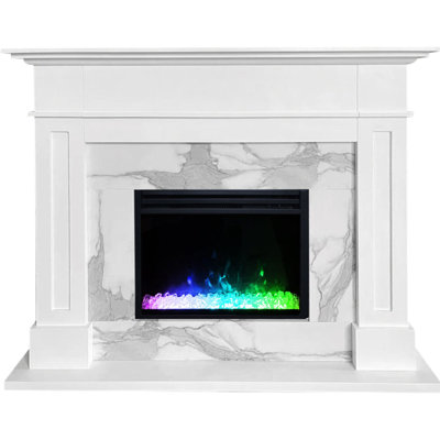 Hiemkea 57-In. Modern Indoor Electric Fireplace Mantel With LED Multi-Color Crystal Insert With Remote | White Faux Marble | Heating For Living Room, -  Winston Porter, E01DA751E90949E9A90A6FEC1008FB3E