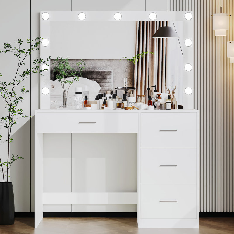 Coiffeuse avec lumières Jedidiah, bureau de coiffeuse avec miroir, 4 tiroirs, coiffeuse, blanc, Blanc
